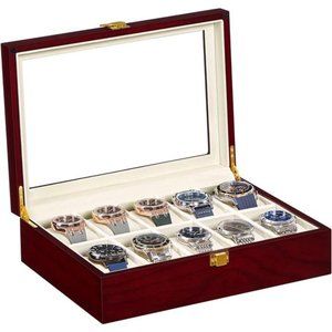 Watch Box, 10-Slot Watch Case with Large Glass Lid, Removable Watch Pillows